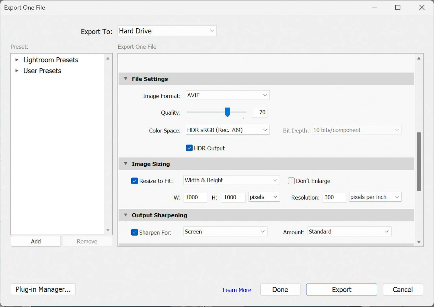 avif lightroom Exportmodul i Lightroom